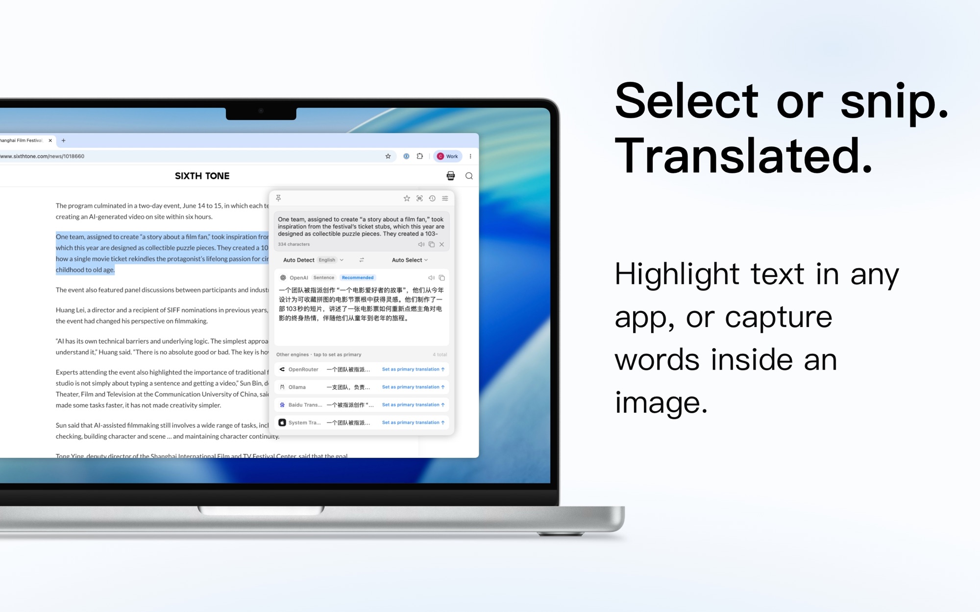 TransOne translating highlighted text in a web page, plus text captured from an image.
